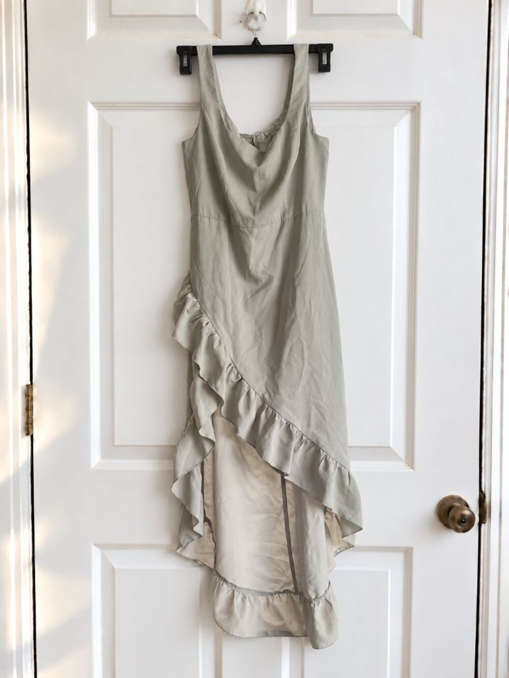 RIHOAS Light Gray Sage Cascading Ruffle High-Low Sleeveless Dress Size S